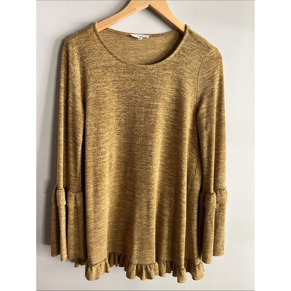 Easel Mustard Heather Ruffle Hem Bell Sleeve Tunic Top Boho Soft S